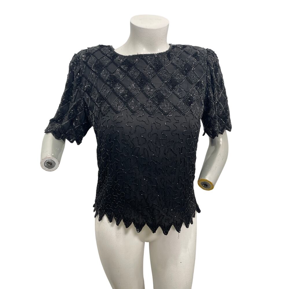 Laurence Kazar black silk beaded and sequined top with a scalloped hem Size L